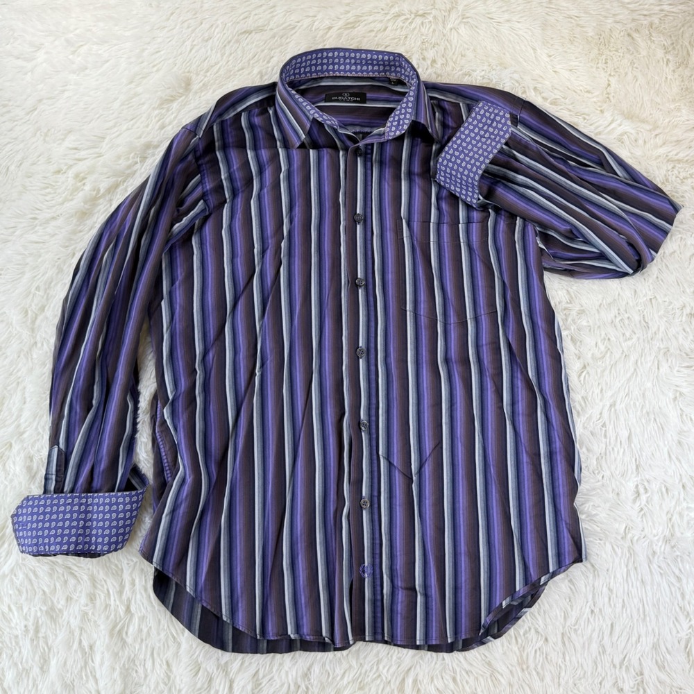 Bugatchi Uomo Purple Striped Button Dress‎ Shirt Men's Large Career Preppy Fall